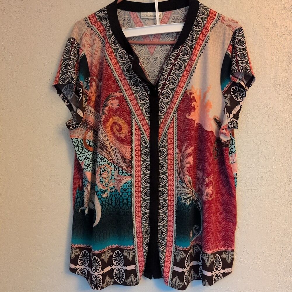 Women's Dana Buchman Mandarin Collar Blouse Button Front Short Sleeve Size XL